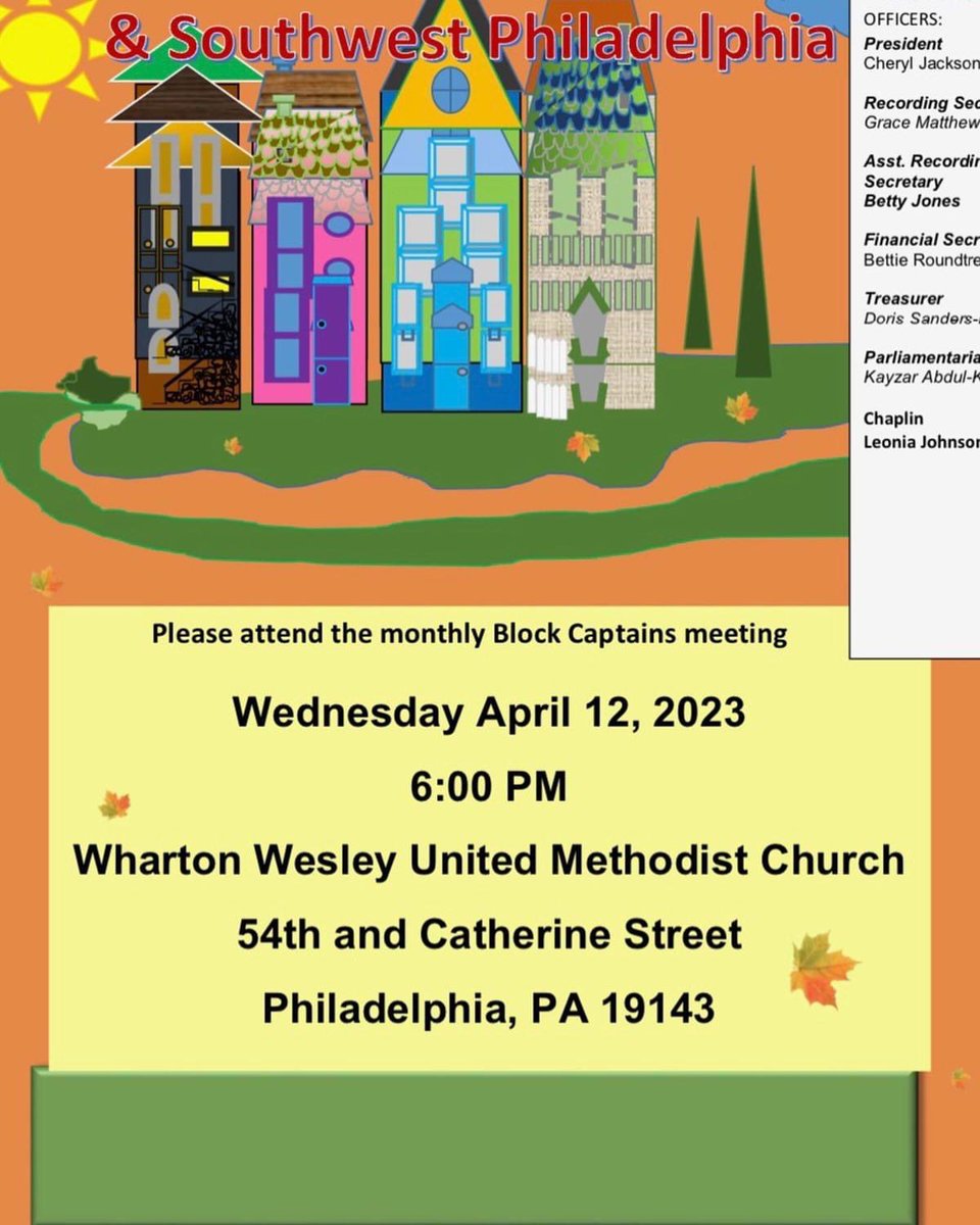 cbcwestsouthwe1's tweet photo. Join us Wednesday | April 12, 2023 for our Block Captains Meeting of West &amp; Southwest Philadelphia! The meeting will start @ 6:00pm at Wharton Wesley United Methodist Church #cbcwswphilly #BlockCaptains https://t.co/bugyZbOvbP