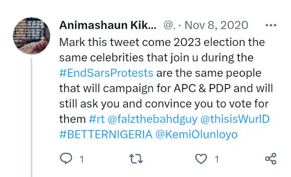 Animashaunkike's tweet image. I predicted Everything that happened this year election, i remember i made this tweet in 2020 during the #EndSARSProtest and it came to pass in 2023 don&apos;t joke with me, i am Gods chosen his daughter, all my words are #FactChecked