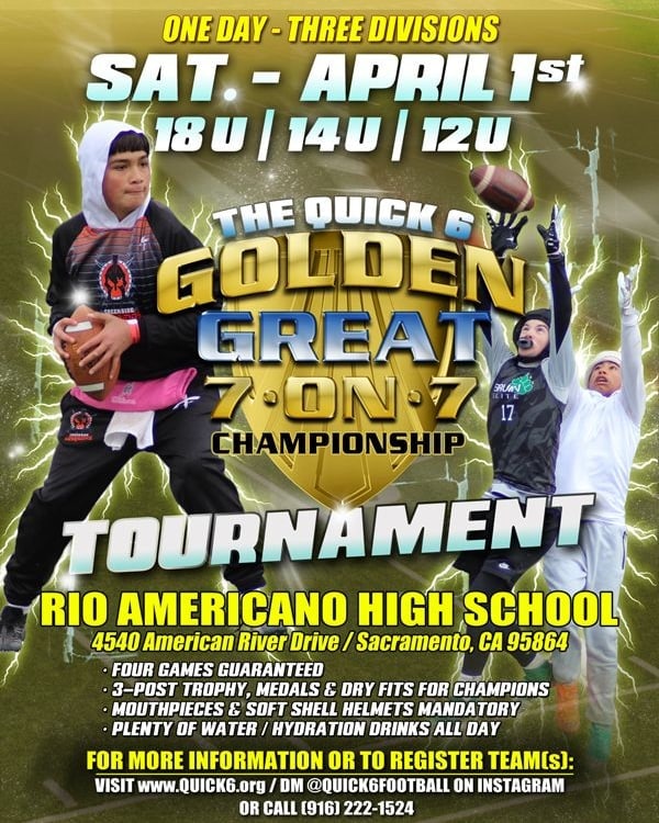 Register your team(s) now for the <a href="/Quick6Football/">QUICK 6 FOOTBALL</a>  GOLDEN GREAT 7-on-7 CHAMPIONSHIP - Saturday, April 1st at RIO AMERICANO HIGH SCHOOL in Sacramento. Register online at quick6.org or DM. #7v7 #7on7 #7on7football #youthfootball #highschoolfootball