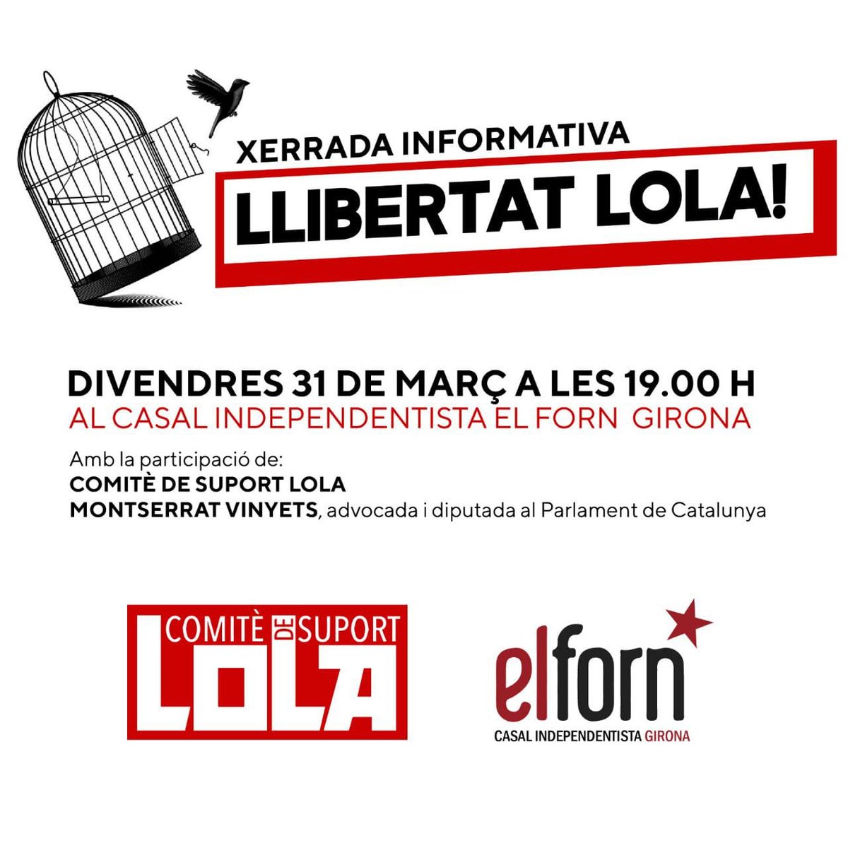 Comite_Lola's tweet photo. Aquest divendres 31 de març a les 19.00 h serem al casal independentista @El_Forn de Girona per continuar fent saber quina és la situació de la Lola López Resina –presa política catalana i militant basca– amb 72 anys de vida i 30 anys de privació de llibertat. https://t.co/9YqV3xdUVD