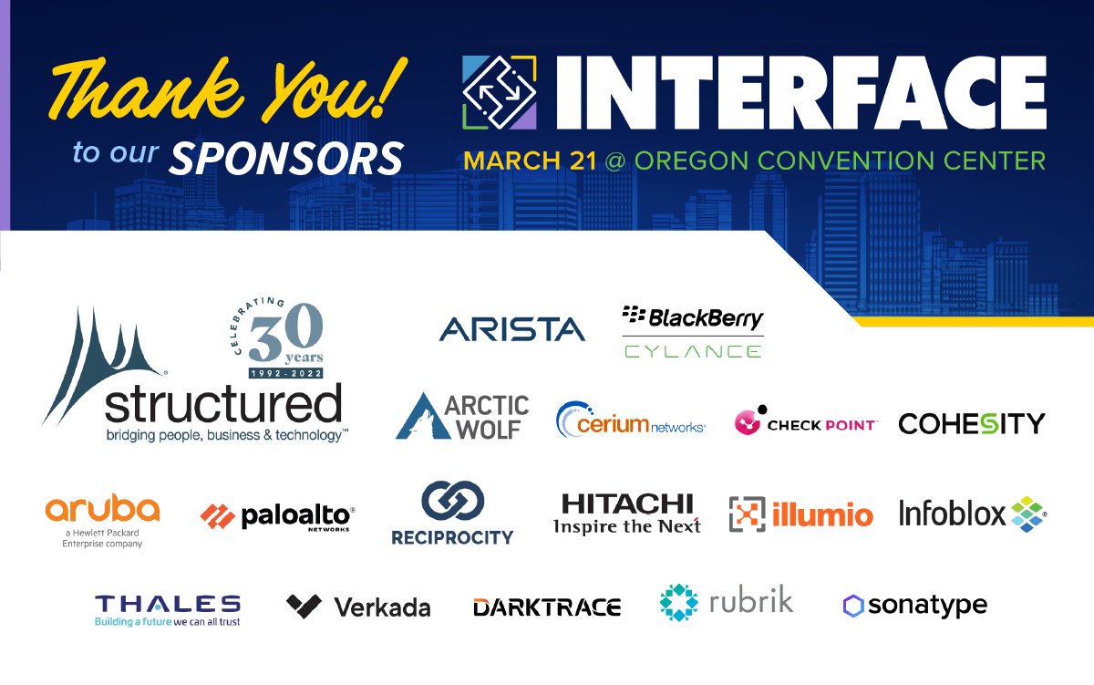 interfacetour's tweet photo. That's a wrap, folks!! 🏁Our first #INTERFACE success for 2023, 👏BIG THANKS👏 to our #Portland sponsors (Part 2):
⭐️ @StructuredInc ⭐️
@Darktrace @illumio @Infoblox @reciprocitylabs @rubrikInc @sonatype @thalesgroup @VerkadaHQ
#cybersecurity #infosec #interfacetour https://t.co/Xm3LgennsN