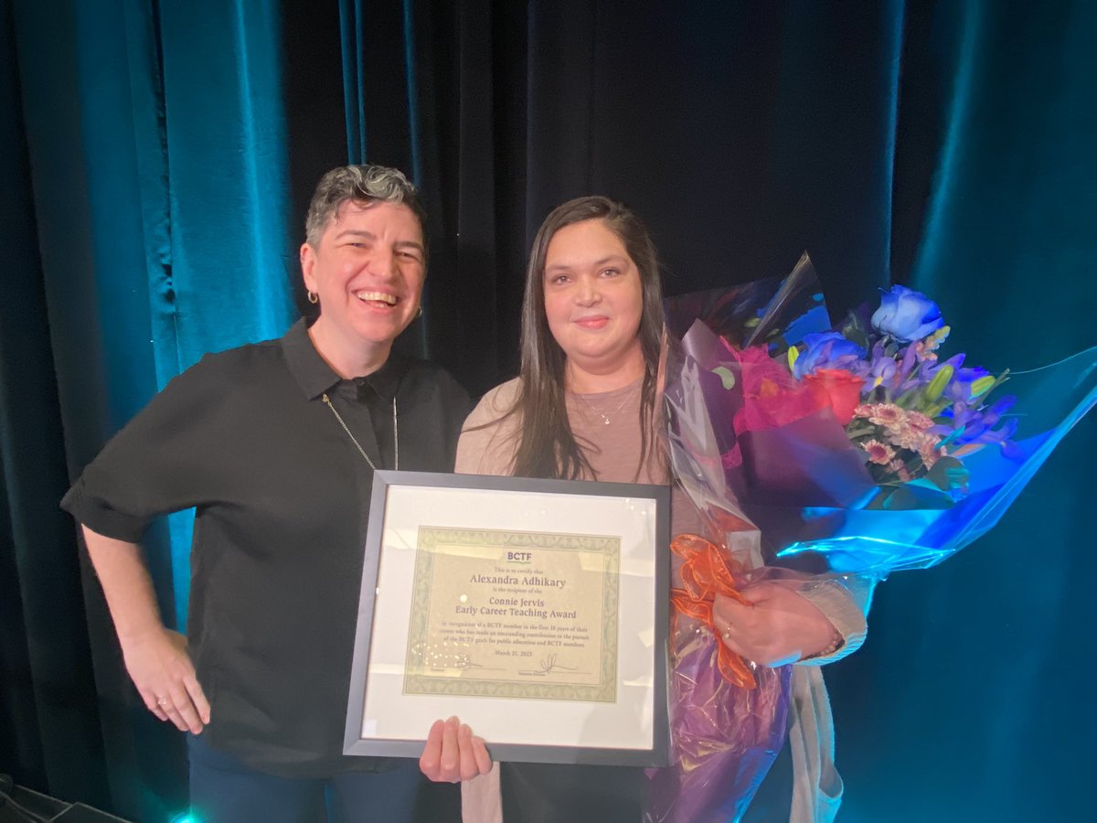 bctf's tweet photo. Huge congrats to our 2023 award winners Catherine Macintosh Lambright, Alexandra Adhikary, Donna Brack, and Annie Ohana. We see the work you do every day for your students, fellow members and the public education system at large. We are so inspired. Thank you. #bced #bctfagm2023 https://t.co/XwCG7gjjmV