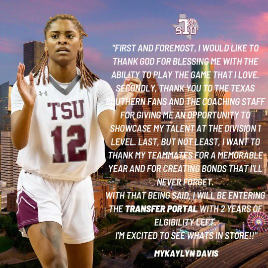 HBCUSports1's tweet photo. Texas Southern University WBB 5'5"/G  Mykaylyn Davis has entered the  transfer portal with two years of eligibility remaining https://t.co/vvr4QRmS1H