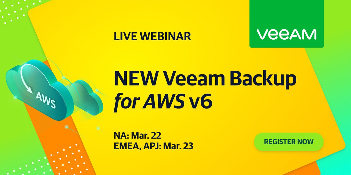 Veeam: The arrival of #Veeam Backup for AWS v6 means several improved features, including #immutability. 🎉 Save your spot for tomorrow’s webinar for an overview of everything that’s new as well as a product demo. See you there (virtually)! 👋 …
