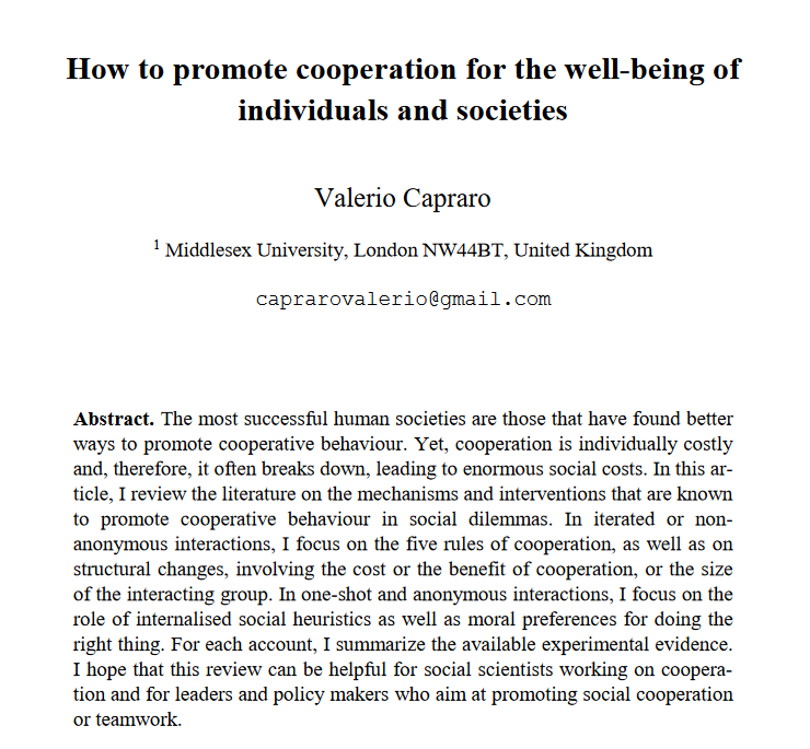 ValerioCapraro's tweet photo. Hi there! I wrote a review on promoting cooperative behavior for the benefit of individuals and societies, covering research in both iterated and one-shot games. 
I hope you'll find it useful! 
Thank you so much for your interest. You can download it here: https://t.co/5g6cdnDo1B https://t.co/Y6kHVffwqh