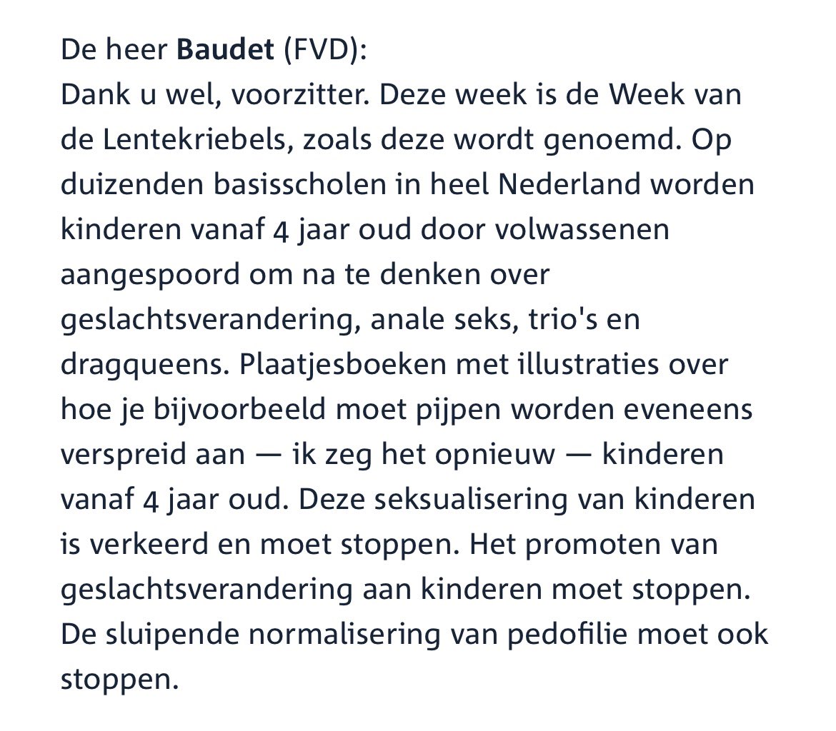 Waarom ik boos ben? 

Leraren hebben deze week waardevolle gesprekken met leerlingen. Over wie ze zijn, grenzen aangeven, respectvol omgaan met verschillen.

Maar in de Kamer wordt PRECIES het omgekeerde gedaan en dit soort bullshit verspreid.

Een mes in de rug van leraren.