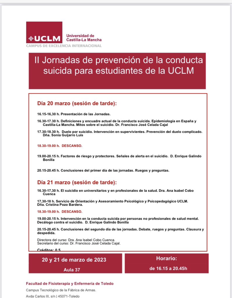 Hoy hemos terminado la 2 jornada de prevención de conducta suicida para estudiantes de <a href="/uclm/">uclm</a> y profesionales <a href="/Fafeto_UCLM/">Facultad Fisioterapia y Enfermería (UCLM)</a> <a href="/anaicobo/">Ana Cobo</a> <a href="/pacomailkickfre/">FJCC🎗️</a> <a href="/UCLMdivulga/">UCLMdivulga</a>