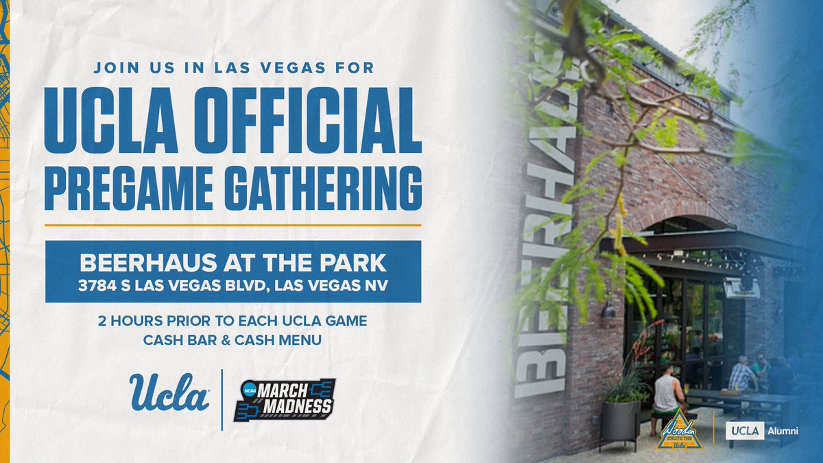 WoodenFund's tweet photo. Join us at Beerhaus at the Park in Las Vegas 2 hours prior to each UCLA Men’s Basketball game. 

The first pregame gathering will begin on 𝙏𝙝𝙪𝙧𝙨𝙙𝙖𝙮, 𝙈𝙖𝙧𝙘𝙝 23 𝙖𝙩 4:45 𝙋𝙈.

Tip-off for the @UCLAMBB game is at 6:45 PM. See you in Vegas!

#GoBruins #MarchMadness 🏀🐻 https://t.co/OUy0tKyG3z
