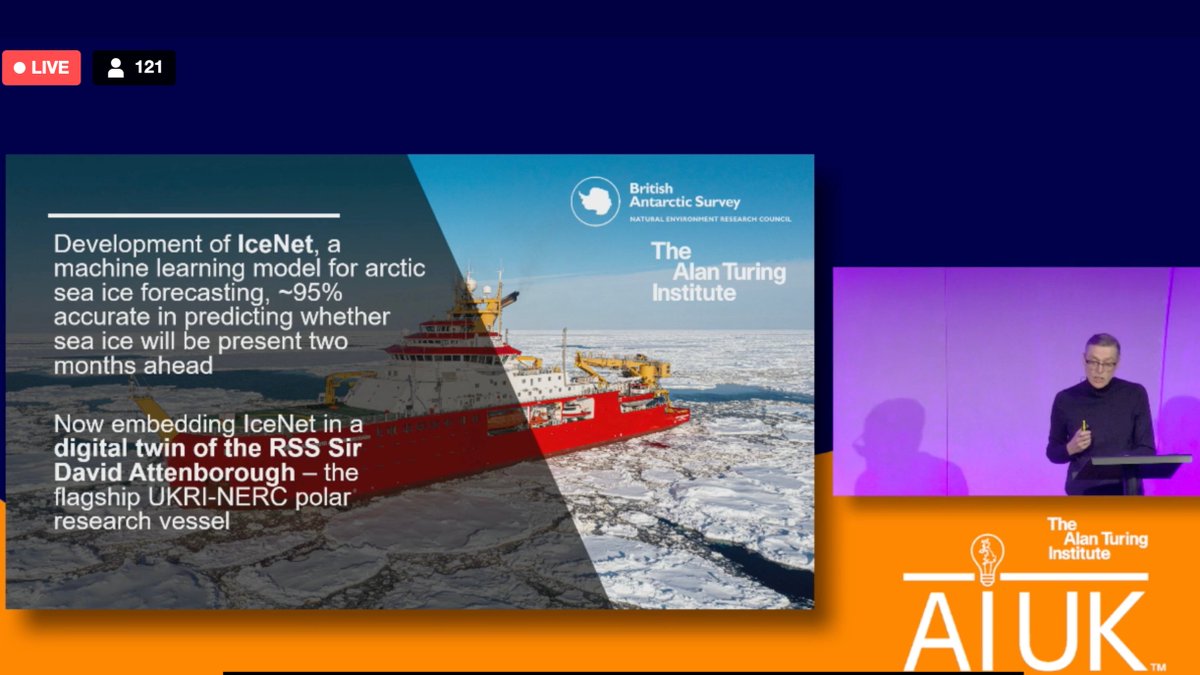 tom_r_andersson's tweet photo. #IceNet was one of the key examples of digital twinning in Mark Girolami's #AIUK talk today -- thanks @TuringChiefSci!
We're at our IceNet stand for the second day of #AIUK if anyone is curious about how we're integrating software tools to build digital twins at the #basailab.🔗 https://t.co/AFiuRlVW0C