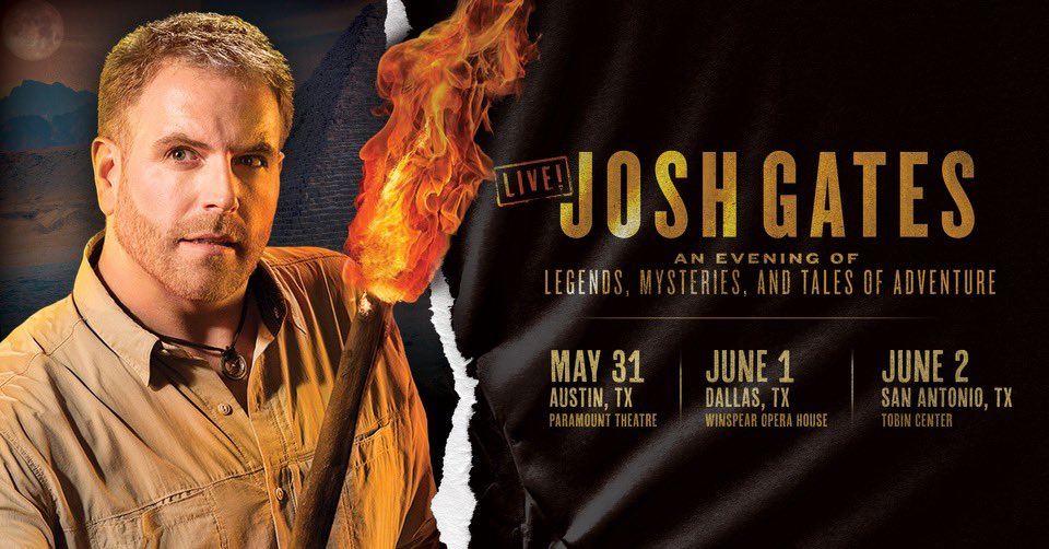 joshuagates's tweet photo. Everything’s bigger in Texas - even Josh Gates Live! Join me for 3 incredible nights of Legends, Mysteries, and Tales of Adventure:

5/31 Austin - tix on sale now!
6/1 Dallas - tix on sale now! 
6/2 San Antonio - tix on sale tomorrow! 

Links at https://t.co/gHzSZSvzQf https://t.co/JzVQJPqnKV