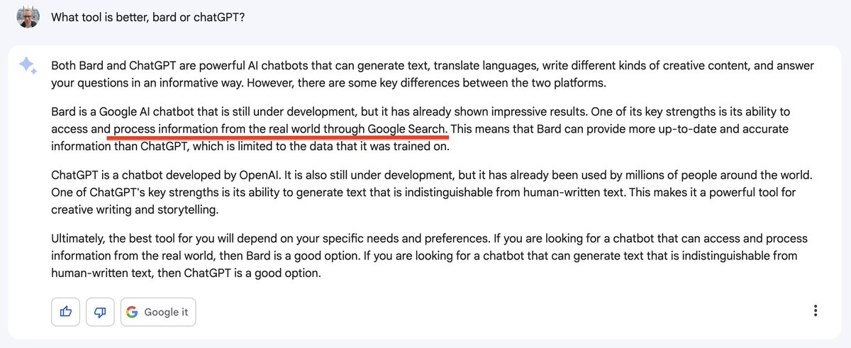 vmukhindevops's tweet photo. Just had an opportunity to try out Bard, a chatGPT's rival developed by Google. It's integrated with Google Search and can access the latest info from the internet.

I gave it the URL of one of my GitHub repos, and it was able to analyze the code and suggest ways to improve it. https://t.co/qLAY37puW8