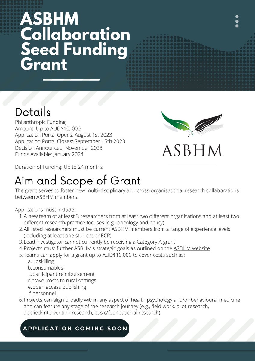 We are pleased to officially announce the ASBHM Collaboration Seed Funding Grant to support new collaborations between current and new ASBHM members.

💰Up to AUD$10,000
✍️The application form will be available to access in May 2023.
⏰ Applications open August 1st 2023