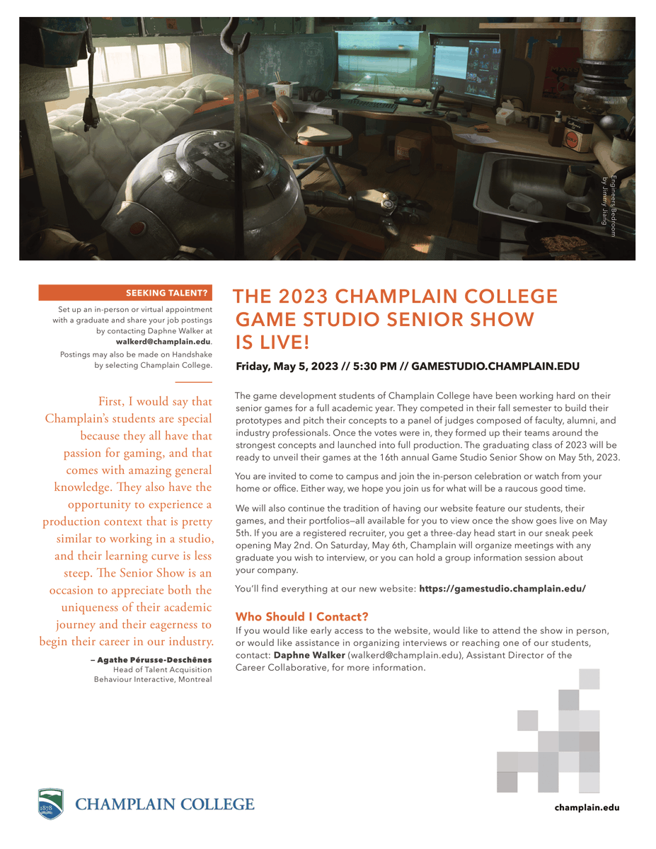 Tolstenko's tweet photo. Join us on Friday, May 5 for the Champlain College Game Studio Senior Show.

@ChamplainEdu  #ChamplainCollege https://t.co/6Grzhf1Izb