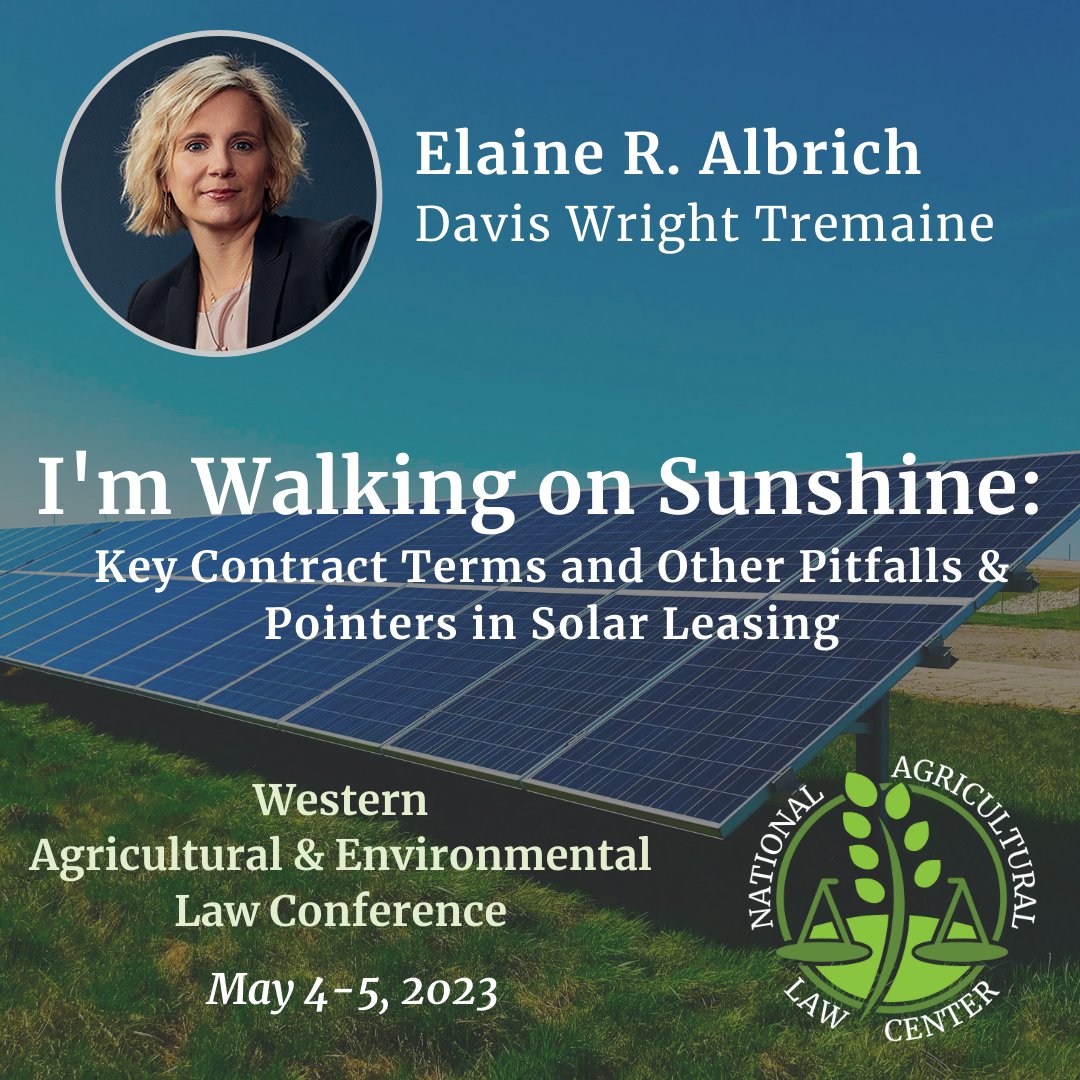 nataglaw's tweet photo. We're "walking on sunshine" with this great session on #SolarLeasing at the Western Ag &amp; Environmental Law Conf. Agenda/info: https://t.co/IR6lq1P7gc.

In-person conf. May 4-5, w/ livestream option available. "Early Bird" online bonus CE/CLE April 19.
@SolarFarmSummit @ASES_Solar https://t.co/oGotS4f2tN