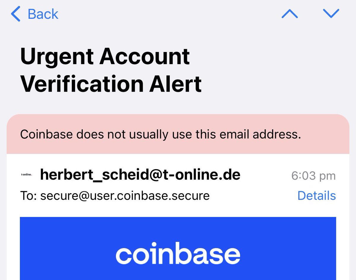 Rick McCracken DIGI 🇺🇸 (@richardmccrackn) on Twitter photo Shoutout to <a href="/CanaryMailApp/">Canary Mail</a> for this red banner feature 🏆 and bolding the sender.
herbert ngmi, always be alert to scam emails crypto peeps Shoutout to <a href="/CanaryMailApp/">Canary Mail</a> for this red banner feature 🏆 and bolding the sender.
herbert ngmi, always be alert to scam emails crypto peeps