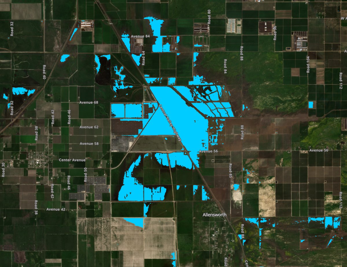 wildland_zko's tweet photo. Enhanced satellite imagery showing floodwaters around Allensworth and Corcoran, California on 3/17/2023. #2023TulareFlood #CaFloods https://t.co/pMuJ6Igr6e