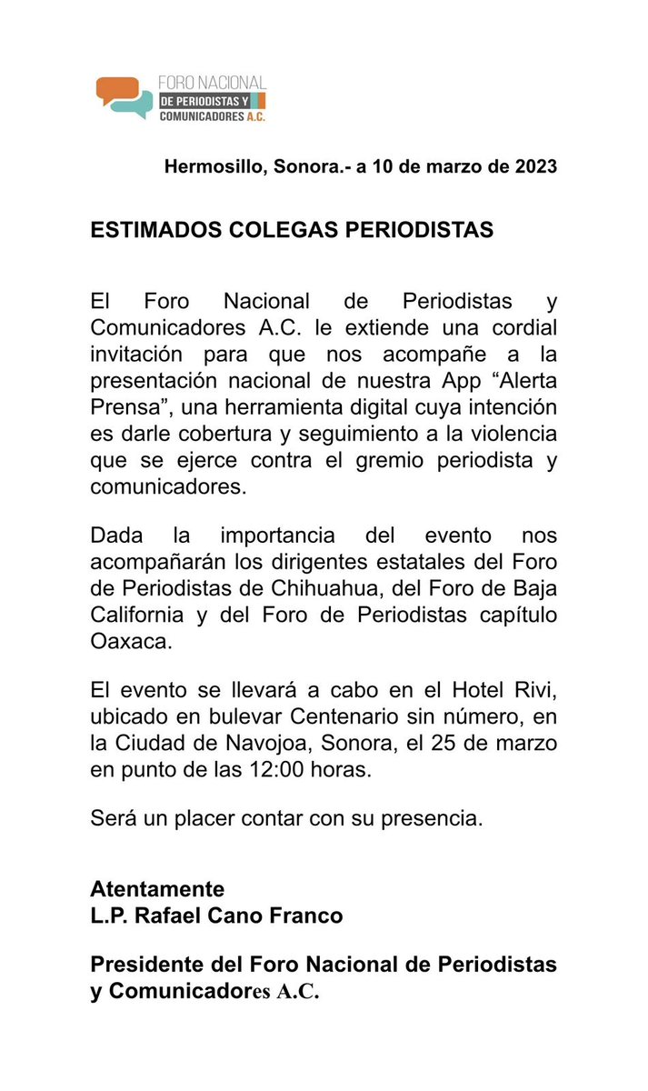 borderlineason's tweet photo. El Foro Nacional de Periodistas presentará la APP "ALERTA PRENSA" , una herramienta digital para darle seguimiento a los casos de violencia contra  periodistas y reporteros. @Ehui @CanoFrancoR @ForoNacionalPyC 25 de marzo en #Navojoa. EXELENTE IDEA. @Amalia_Escobar @Nubs_A https://t.co/lF5S37Qmao