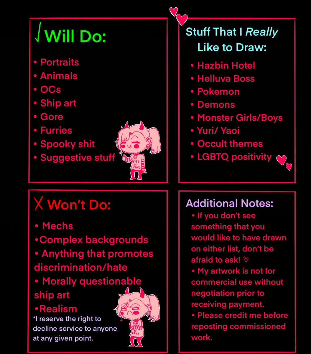 Yep, it's official; I'm taking commissions. If you're interested or have any questions about the provided information, please don't hesitate to reach out via DM. 🖤
#Commission #commissionsopen #CommissionSheet #digitalart #DigitalArtist  #creepycute #demonart #monsterart