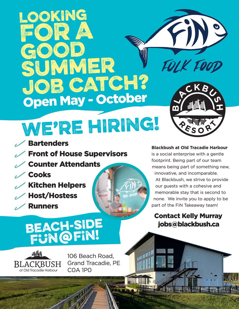 Tim_Banks's tweet photo. 📢 Attention job seekers!
We're hiring for a variety of summer positions at our beachside restaurant @fin_folk_food
Apply now with your resume at jobs@blackbush.ca and let's make this summer one to remember!
#hiring #jobs #finfolkfood #staywavybaby #JoinTheFiNCrew #Blackbush #PEI https://t.co/B9ruCTsgKD