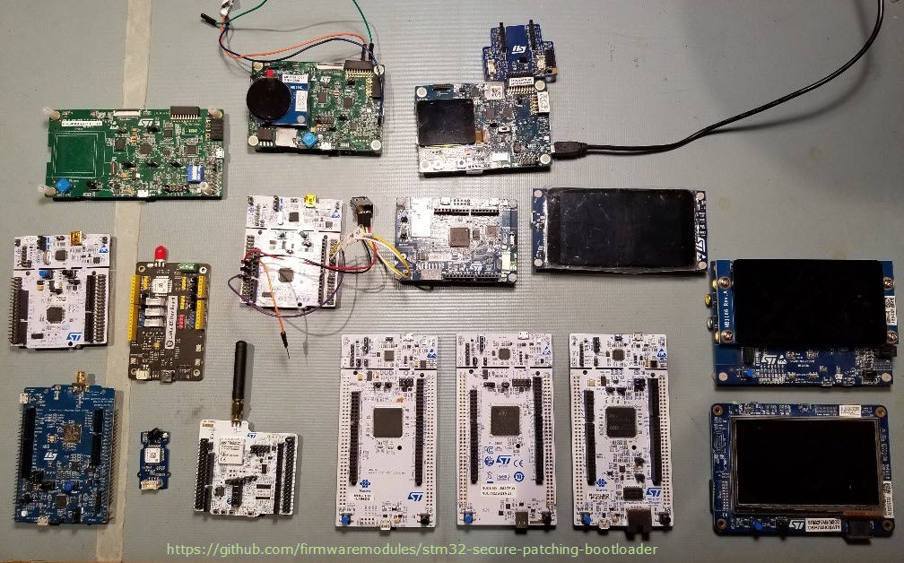 FirmwareModules's tweet image. Getting ready for stm32-secure-patching-bootloader release v.1.4.0!  Some of the dev boards we test on.  Quite an eclectic mix of hardware and capabilities ranging from STM32L0 through to STM32H7.  #stm32 #bootloader