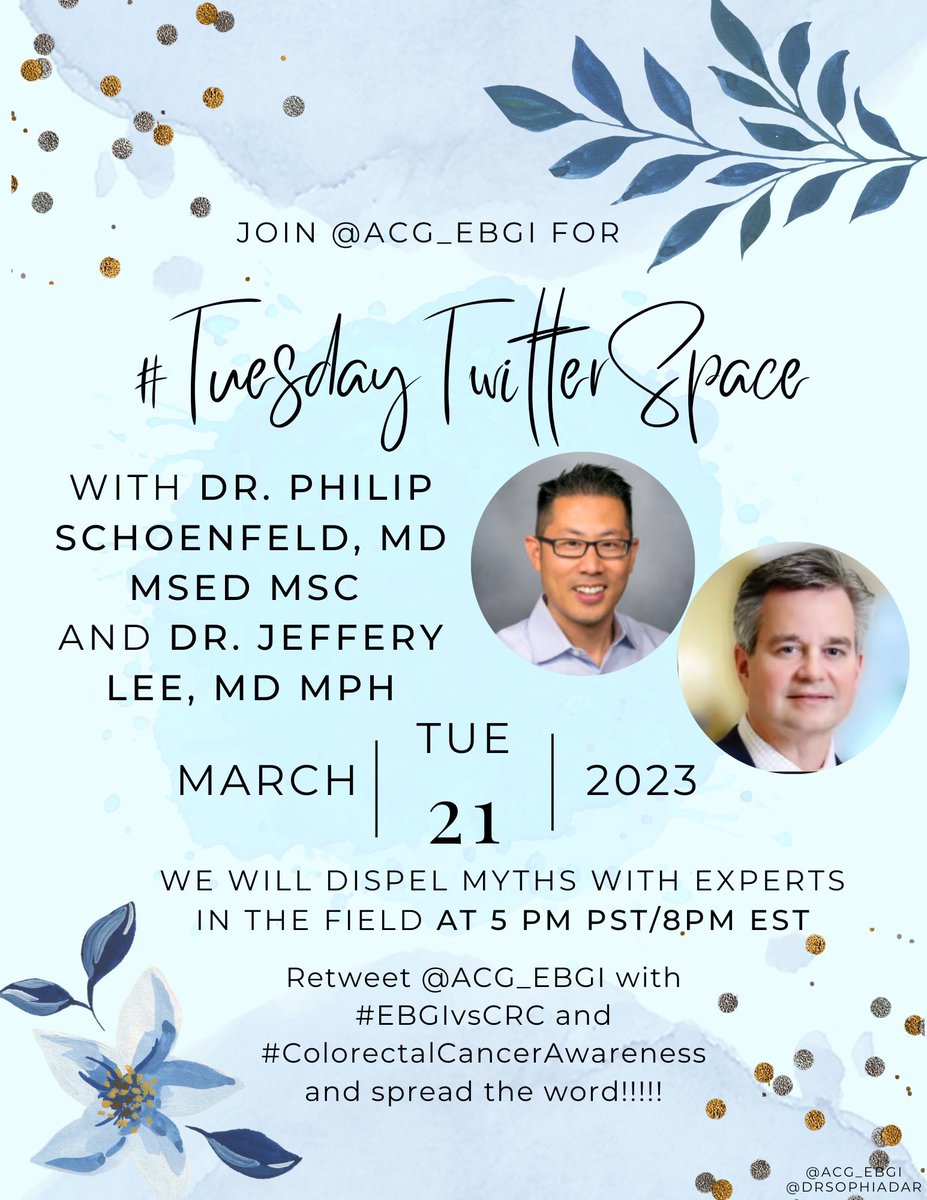 Don’t miss tonight’s #TuesdayTwitterSpace with @JeffLeeMD & @EBGIdoc 🔜🔜 ⏰ 

Let’s keep conquering 🧗🏾these myths 1️⃣by 1️⃣ 

Be. There 👉🏾 twitter.com/i/spaces/1OwxW…

#EBGIvsCRC #ColorectalCancerAwareness