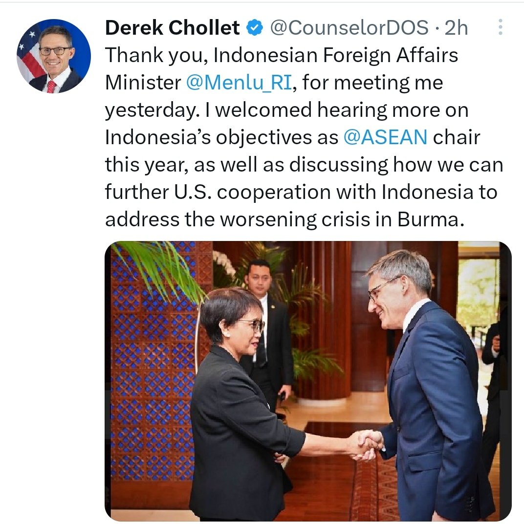 MayWongST's tweet photo. #US @CounselorDOS in Southeast Asia &amp; meets with this year's @ASEAN chair #Indonesia @Menlu_RI to discuss #Myanmar's "worsening crisis". Myanmar remains major challenge for regional bloc as #military continues to show little/no effort in resolving crisis #WhatsHappeningInMyanmar https://t.co/RRds5lOvJx