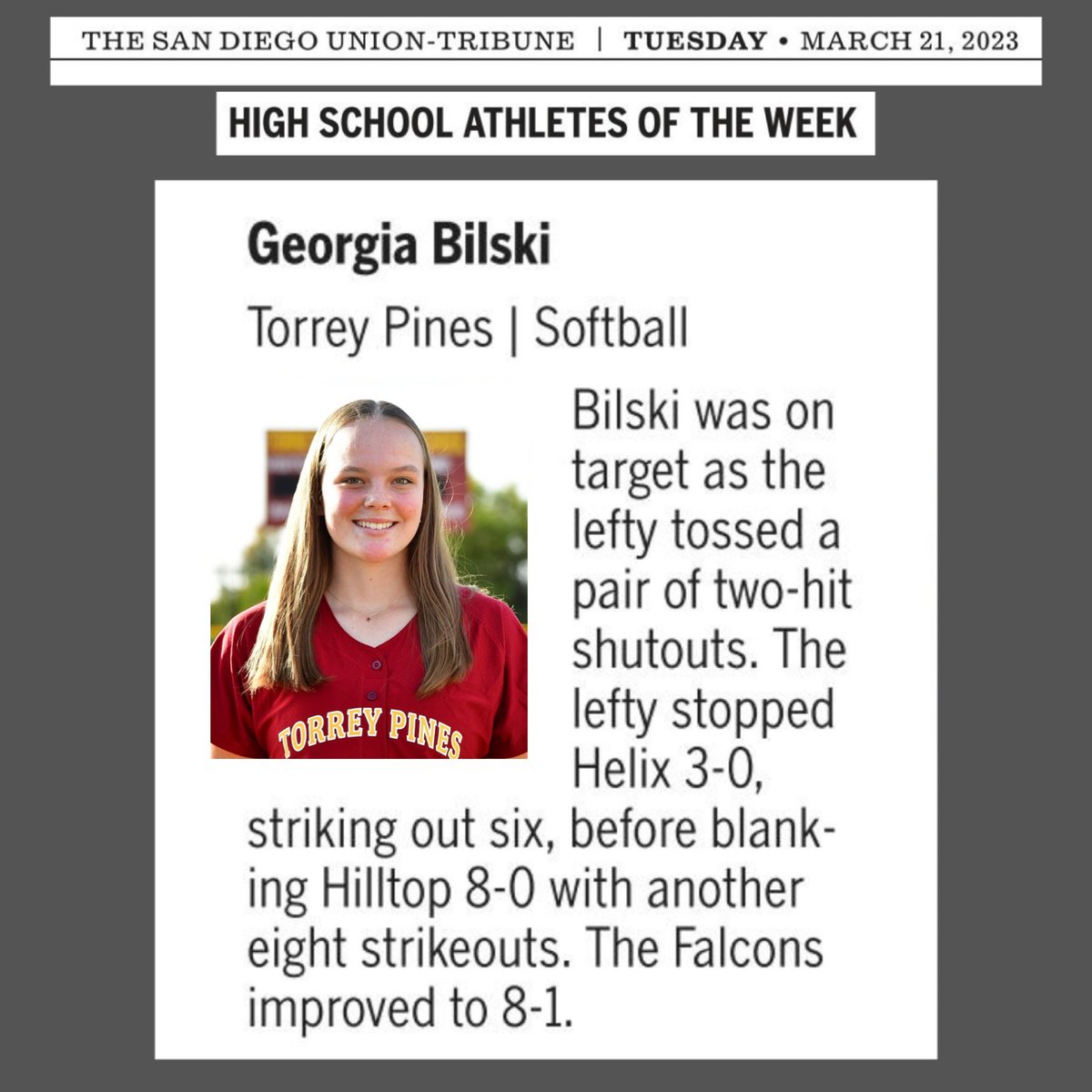 GeorgiaBilski's tweet photo. Thank you to the @sdut for naming me one of the Athletes of the Week. This team is on fire 🔥 

@DartmouthSball @sydbenz @JenWilliamsDSB @CADukesWatson @DukesGoldTorres https://t.co/lh1pHUl3YC