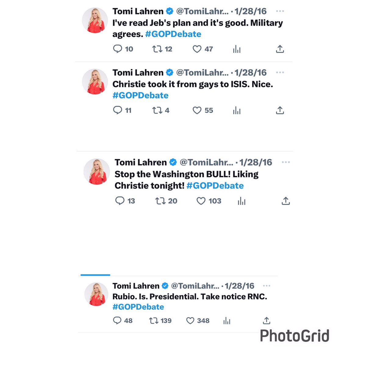 amillee02's tweet photo. @fjb4587 @TomiLahren Yep - these, too. She wasn’t ALWAYS a Trump supporter. She mentioned him ONCE during the 2016 debates - to call him an ass. While complimenting his opponents. She’s a PARTY supporter. I just can’t accept that she believes all his gaslighting. Or does she? https://t.co/lYFF1ia8ig