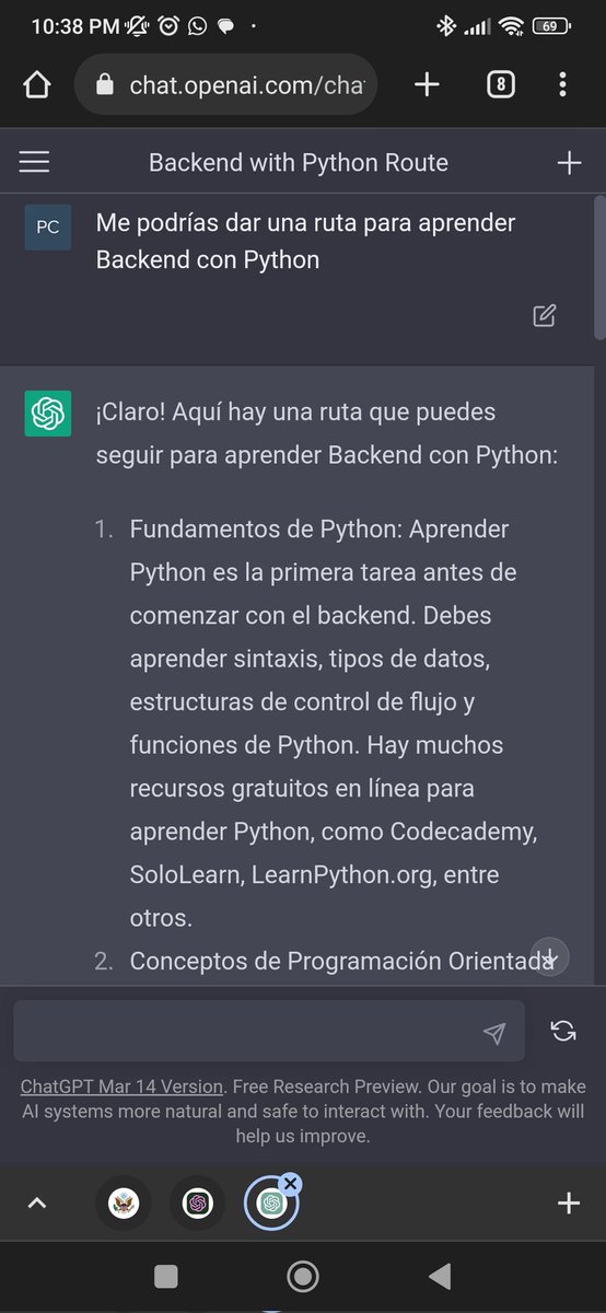 pecafa's tweet photo. Le pedí a chatgpt que me proporcionará una ruta para aprender Backend con Python. Luego le pedí que me diera recursos de YouTube para cada uno de los pasos. Un buen complemento a @platzi https://t.co/gd9wo3nXQS