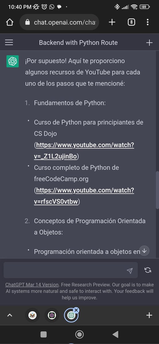 pecafa's tweet photo. Le pedí a chatgpt que me proporcionará una ruta para aprender Backend con Python. Luego le pedí que me diera recursos de YouTube para cada uno de los pasos. Un buen complemento a @platzi https://t.co/gd9wo3nXQS