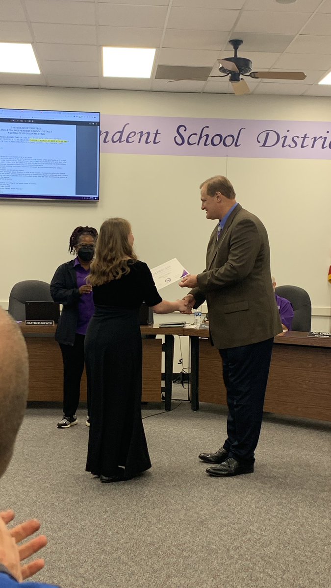 alsteach's tweet photo. I am such a proud mom! My girl getting recognized by the @AngletonISD board tonight for her accomplishments in choir and the performing in 4 choirs, singing and playing 2 instruments! Man I love this kid!! https://t.co/yjYJuAxrfC