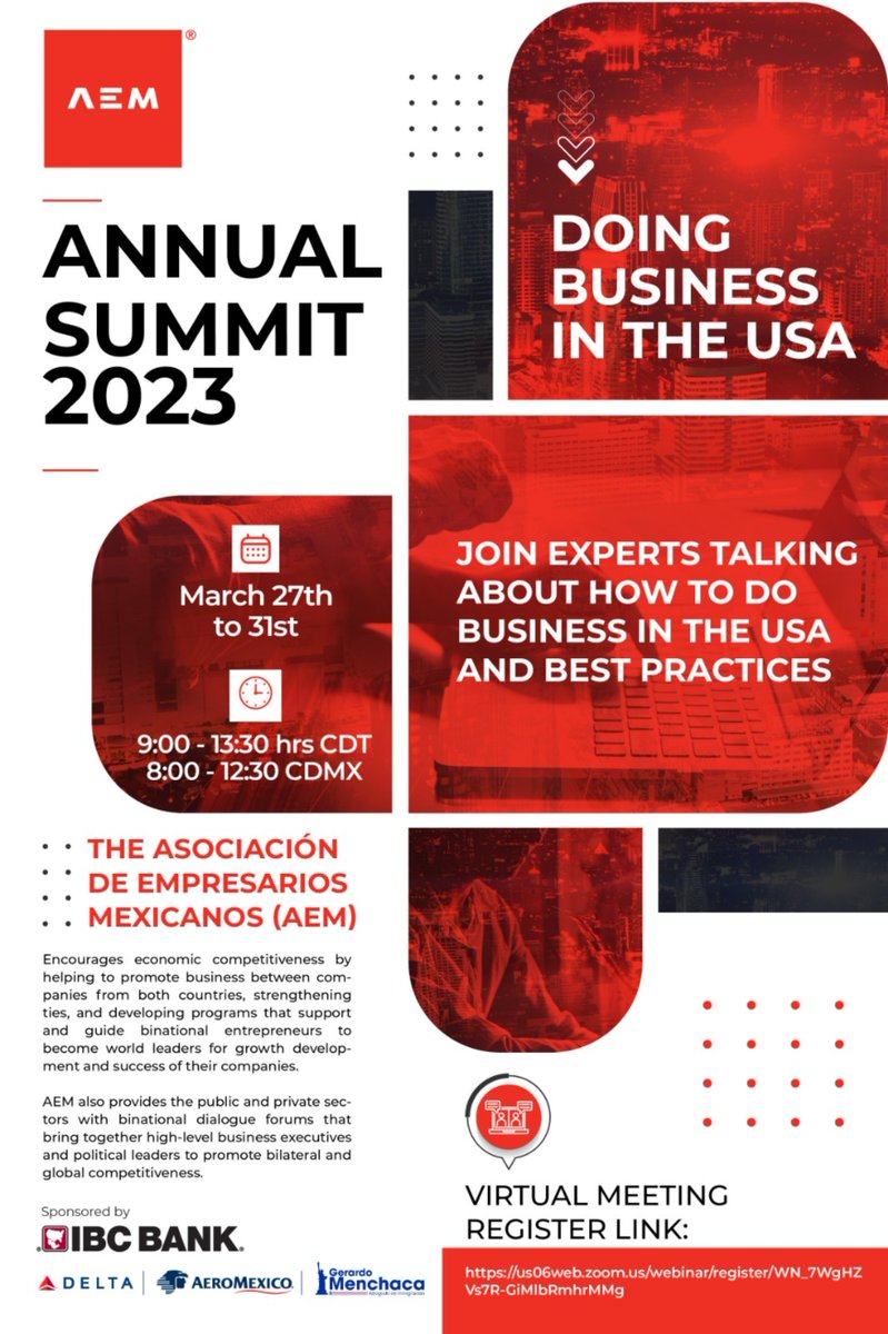 👉We are ready for our Annual Summit 2023! 
Join experts discussing how to do business in the U.S. and the best practices. #AEMUSASummit2023 Virtual Meetings from 9am to 12:00pm, March 27-31!

Register link: us06web.zoom.us/webinar/regist…