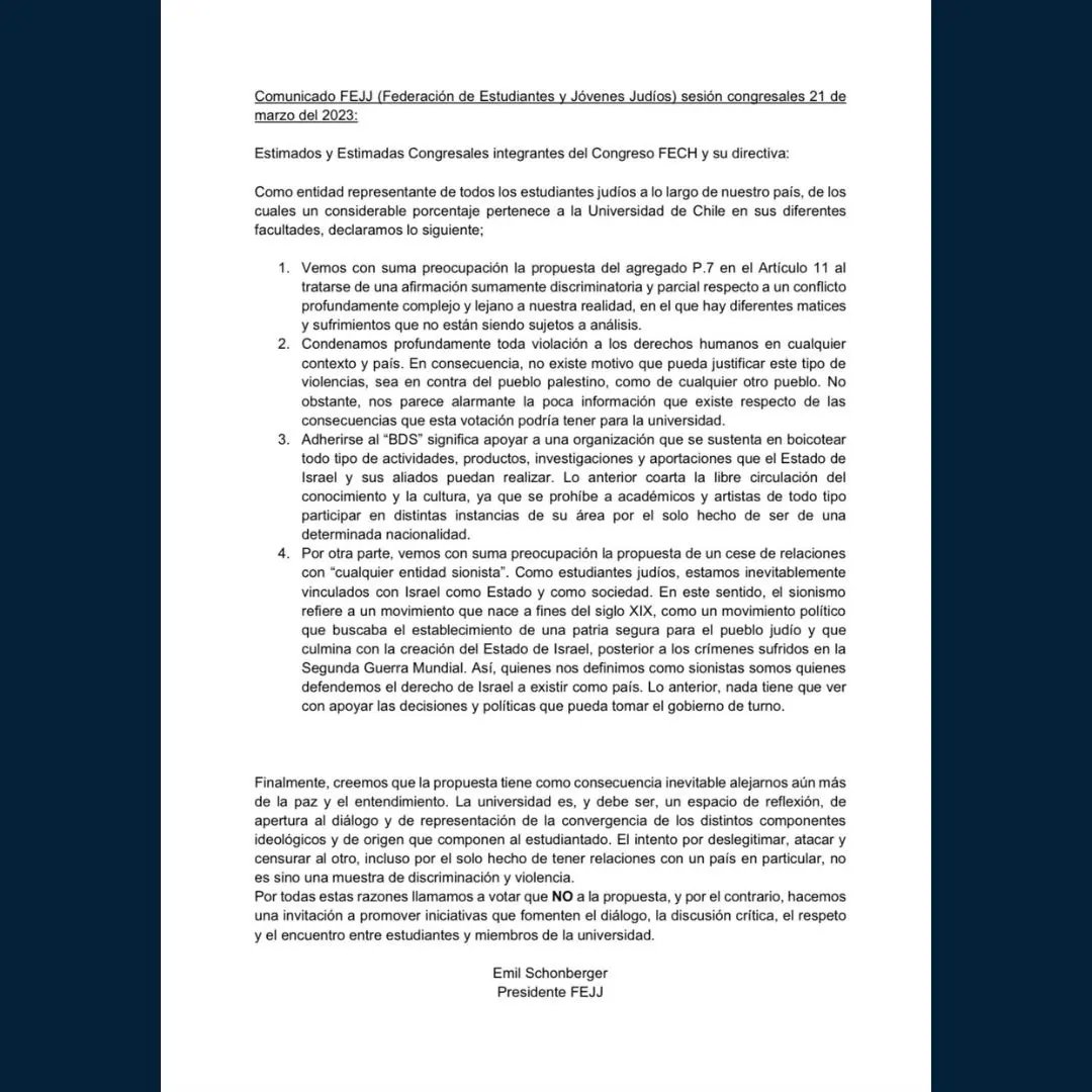 FEJJ_Chile's tweet photo. Estamos tranquilos de que hoy ha triunfado la tolerancia y el diálogo, pero seguiremos siendo la voz por la lucha contra el antisemitismo y cualquier tipo de discriminación. También agradecemos a nuestra comunidad de jóvenes judíos que trabajando arduamente han logrado esto. https://t.co/PArkNrfHxU
