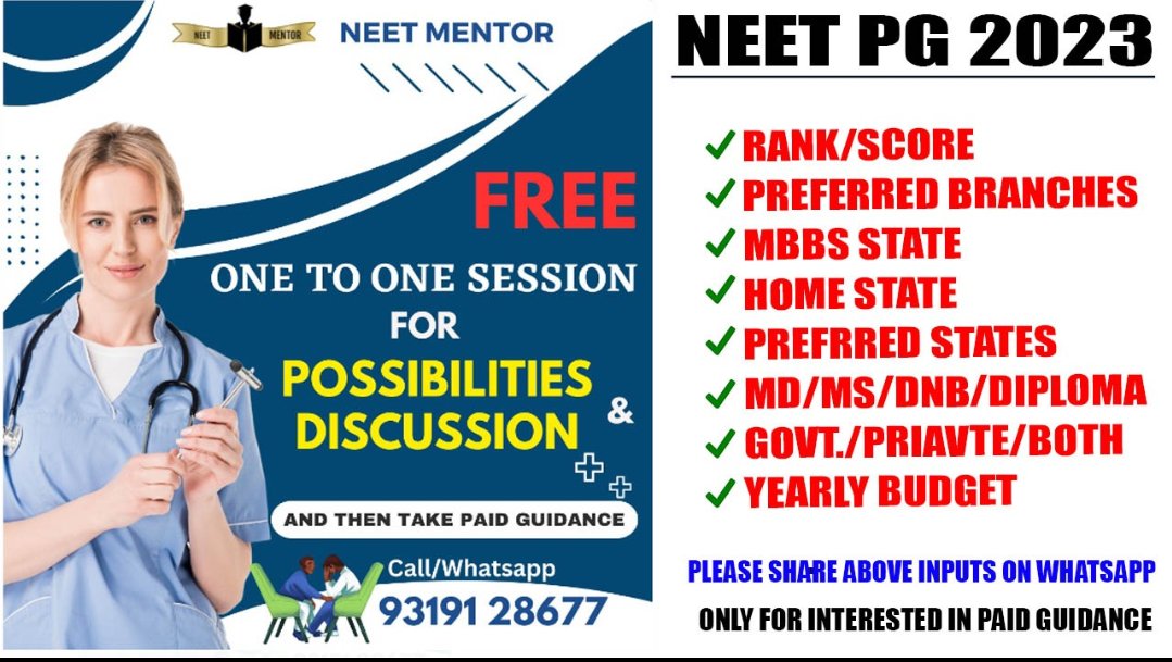 NEETMENTOR2's tweet photo. Please send below details on WhatsApp
Only interested candidates for paid counseling guidance

https://t.co/qLdGZ7Aupy

Rank
Preference branches
Yearly budget if interested in private
MBBS State
Home State
Preferred States
Options for courses MD/MS/DNB/DIPLOMA https://t.co/c24WoyoSYH
