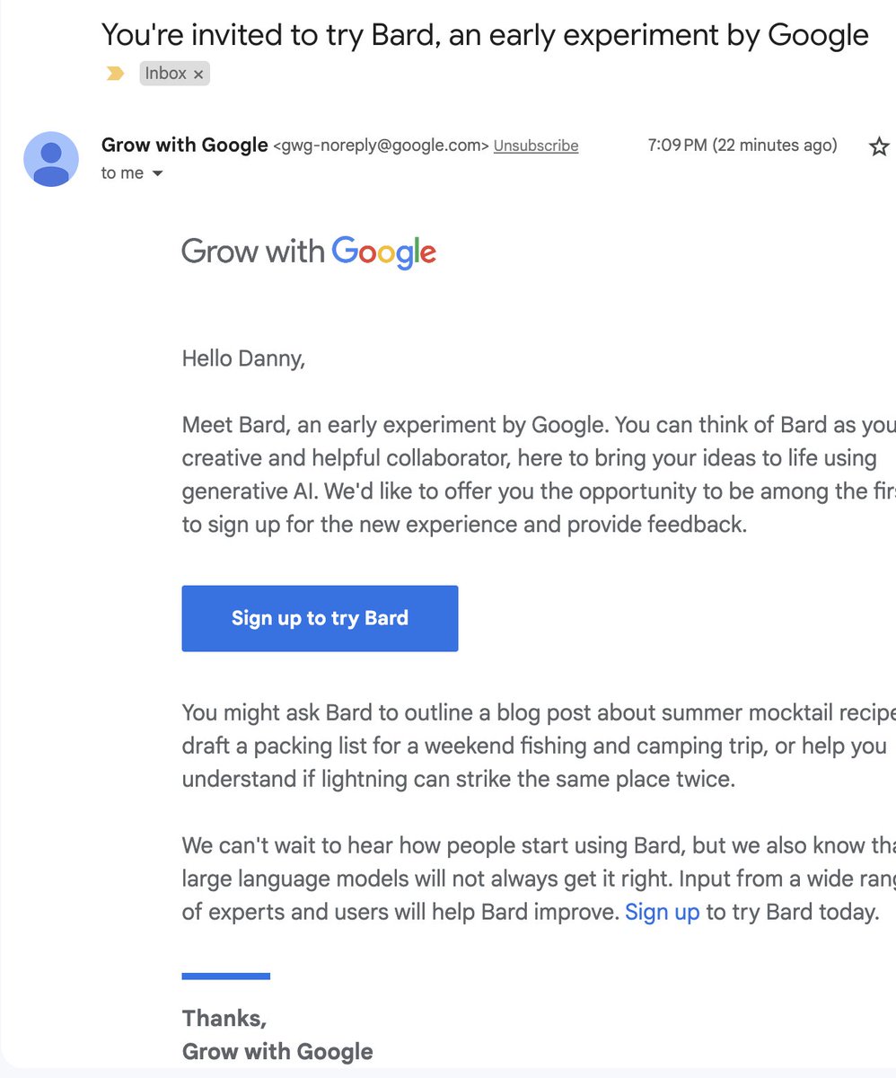 DannyGavin's tweet image. Thank you for the invite @GoogleAI but why would you send it to my Business Email and then tell me you aren't accepting @GoogleWorkspace emails at this time??? #bardfail