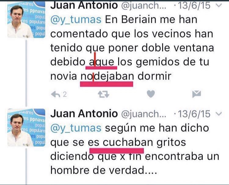 indaraclub's tweet photo. @javiergar_ @PPNavarra @juanchoex Escribir estos tweet hacia otro usuario y su novia define perfectamente a una persona. https://t.co/D8b8RViYPv