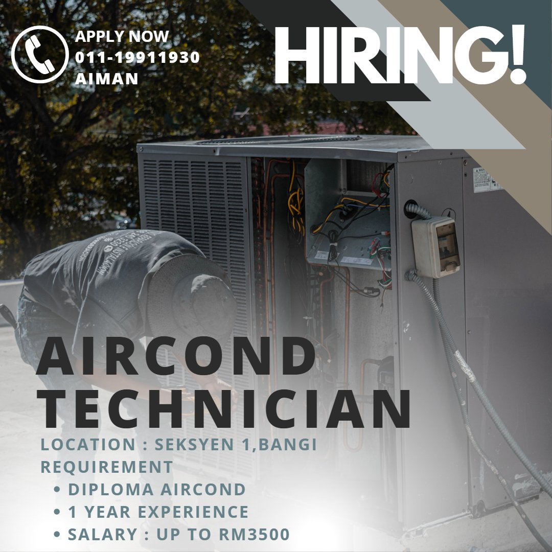 Hi guys. Immediate hiring for Aircond Technician. Drop resume at aiman@talentrecruit.com.my @Twt_MKHcareer @Oh_KerjaKosong @Peluang_KerjaMY @empayarkerjaya @jomkerjamy @ManpowerMY @twtkerjakosongg @Jobkerjaya @sebarkerja