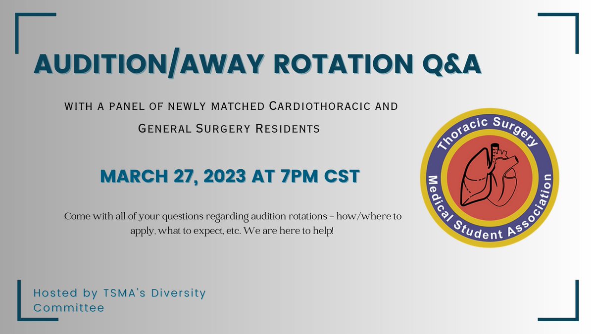 TSMA (@thoracicstudent) on Twitter photo Attention MS3s! Do you have questions regarding away rotations? Join us Mar 27 at 7pm CST for a Q&A! Register: forms.gle/cyUTTXEMgKpWd3…
<a href="/CynthiaRangel02/">Cynthia Rangel</a> <a href="/NaimaAlver/">Naima Alver</a> <a href="/techie_md/">Ryon L. Arrington, MD, MBA</a> @Colin_C_Yost <a href="/FernandoM_JC/">Fernando M. Juarez-Casso</a> <a href="/SebaweSyaj/">Sebawe Syaj, MD</a>
<a href="/LenaETrager/">Lena E. Trager, MD</a> <a href="/JohnTreffalls/">John Treffalls, MD</a> @sami_xu7 <a href="/benjamin_shou/">Benjamin Shou</a> Attention MS3s! Do you have questions regarding away rotations? Join us Mar 27 at 7pm CST for a Q&A! Register: forms.gle/cyUTTXEMgKpWd3…
<a href="/CynthiaRangel02/">Cynthia Rangel</a> <a href="/NaimaAlver/">Naima Alver</a> <a href="/techie_md/">Ryon L. Arrington, MD, MBA</a> @Colin_C_Yost <a href="/FernandoM_JC/">Fernando M. Juarez-Casso</a> <a href="/SebaweSyaj/">Sebawe Syaj, MD</a>
<a href="/LenaETrager/">Lena E. Trager, MD</a> <a href="/JohnTreffalls/">John Treffalls, MD</a> @sami_xu7 <a href="/benjamin_shou/">Benjamin Shou</a>