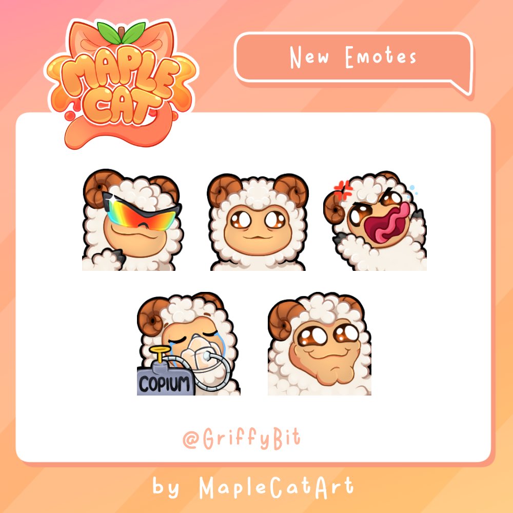 MapleCatArt's tweet image. New emotes for the ram-tastic @BitGriffy 🧡✨

#TwitchEmoteArtist #twitchemotes