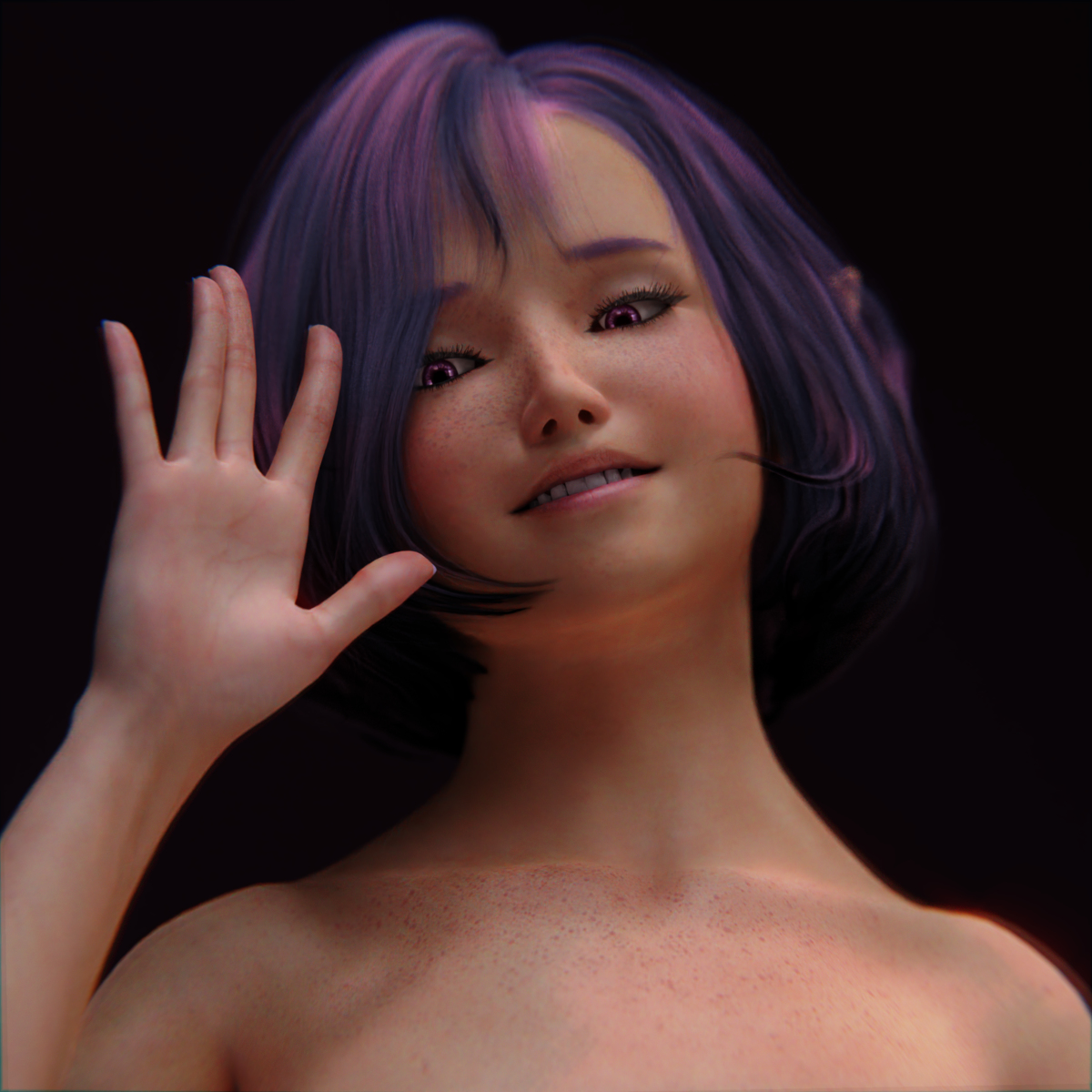 Sarnko1's tweet photo. ~ Cutie ~ #3D #3DCG #女の子 #���ョートカット #紫 #笑顔 #cute #少女 #紫髪 #wxtt https://t.co/PZVy6b6qwV https://t.co/CCCcgEabit