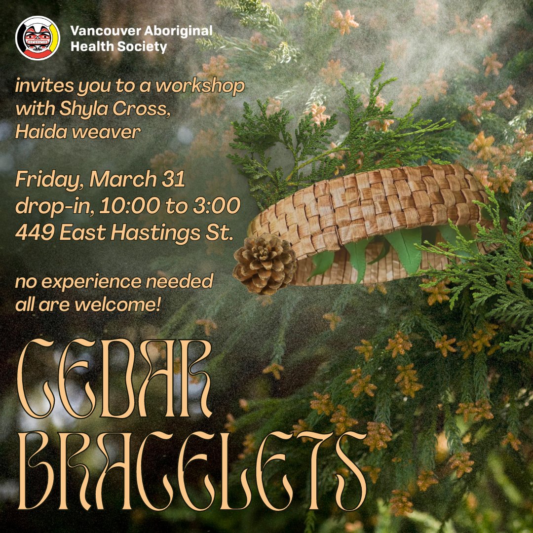 vanaboriginal's tweet photo. We are honoured to welcome Haida weaver Shyla Cross to VAHS for a cedar bracelet workshop on Friday, March 31!

Drop by any time between 10:00–3:00 to weave two styles of bracelets for yourself or a loved one 🦅🌲🌿🍂 https://t.co/bawW0uM0Bz