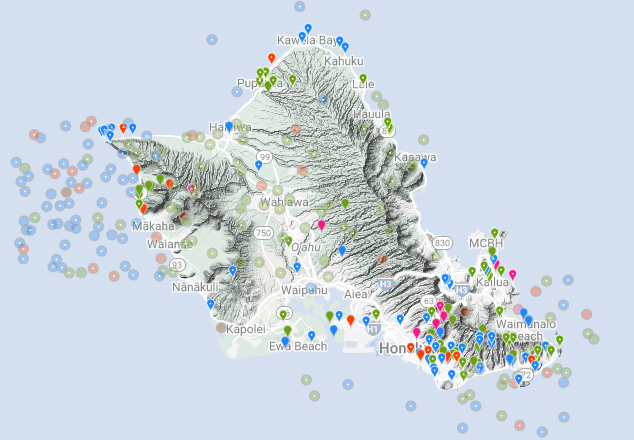 Oahu_CNC's tweet photo. Check out the spread of observations made on Oʻahu and our surrounding waters for last year's challenge! Each color represents a different category of species (e.g., plant, animal, etc.) https://t.co/jLQg50A8xc