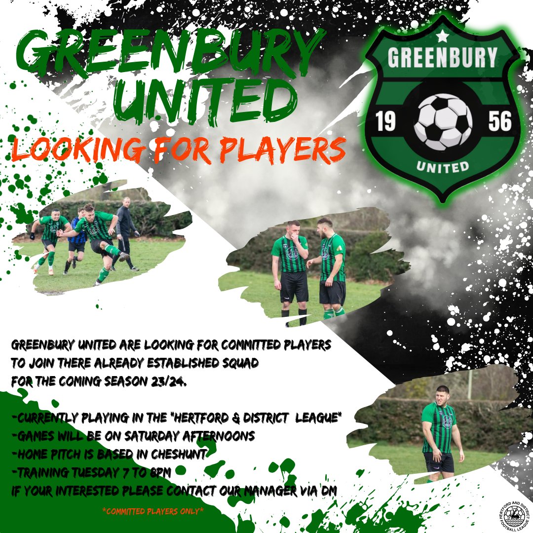 GreenburyUnited's tweet photo. Looking For Players of A Decent Standard For Next Season ๐โฝ๏ธ
*All Postions Considered* #HertsFA #Hertfordshire #Cheshunt #FindaPlayer @findaplayer @PTeamfinder @purelyplayers https://t.co/DWtkRFccgJ