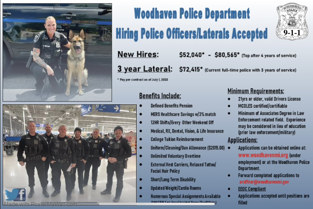 WoodhavenPolice's tweet photo. Come join our team! Laterals now being accepted! https://t.co/d7bvStYew5