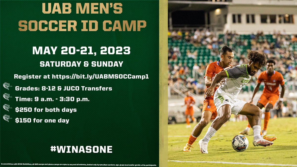 UAB_MSOC's tweet photo. Sign up now for our May ID Camp!

🔗 https://t.co/r6esWvK0la

#WinAsOne https://t.co/bwz7BNreQ5