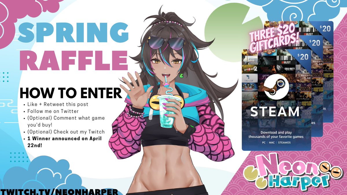 NeonHarper's tweet photo. As appreciation for reaching 2k on Twitch we're hopping into the new season with a $60 Steam Giftcard #giveaway!
Winner announced on April 22
To Qualify:
🐸Like + RT this post
🐸Follow me on Twitter
🐸(Opt.) Comment what game you'd buy

#Vtuber #ENVtuber #raffle #VtuberUprising https://t.co/Fu8ztyjID3