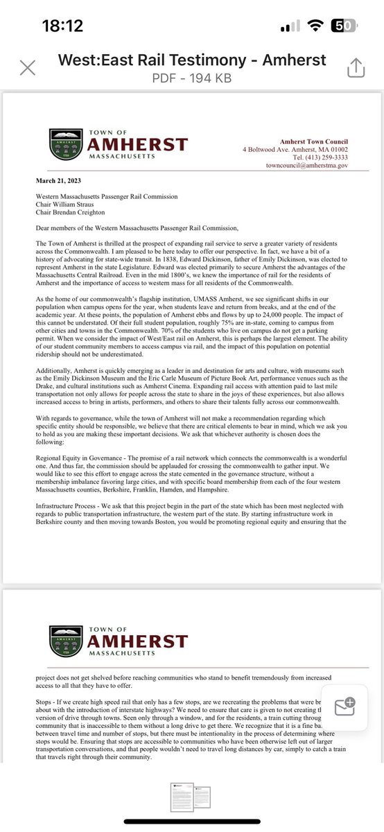 ADevlinGauthier's tweet photo. It was an honor to write and present testimony from #amherstma at today’s WesternMA Passenger Rail Commission hearing. The potential of #westeastrail for climate action, economic development, and access for western MA is great. Thank you to the commission for hearing us! #mapoli https://t.co/uouDRYVVLT