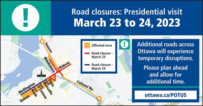 A map providing visual of the road closures for the Presidential visit. Visit the link in the post for full details.