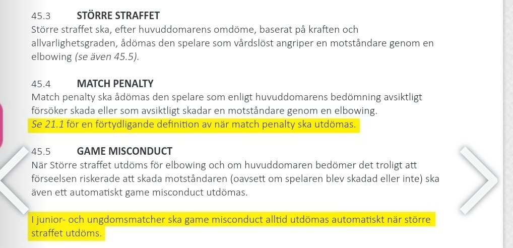 OAbonde's tweet photo. @Rexxius @VLTSport Jag förstod det inte så när jag kollade regelboken. Sen är det lite svårt att spontant tänka sig en situation där en armbåge är kraftig nog för femma men inte riskerar att skada. https://t.co/uRmF7WEceE