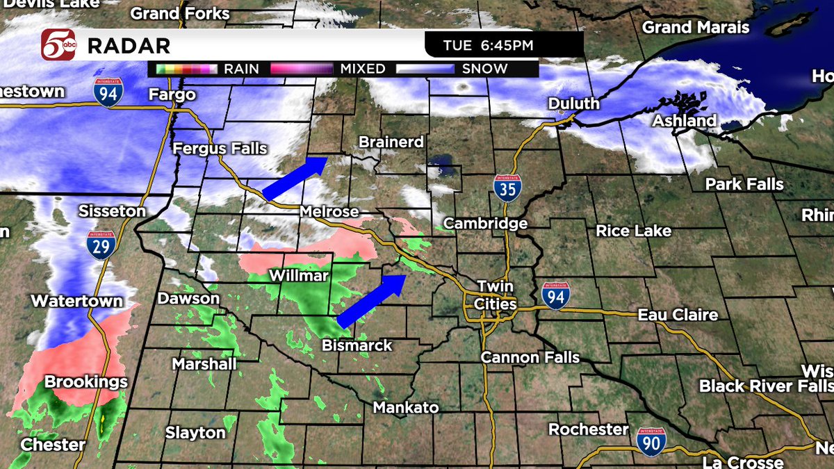 It's snowing in northwest Minnesota, and scattered rain showers are moving into the southwestern part of the state.

Snow likely stays north (and south!) of the Twin Cities this week. Here's my latest forecast: https://t.co/nWFaAnUy8J https://t.co/CVql3XcIFH